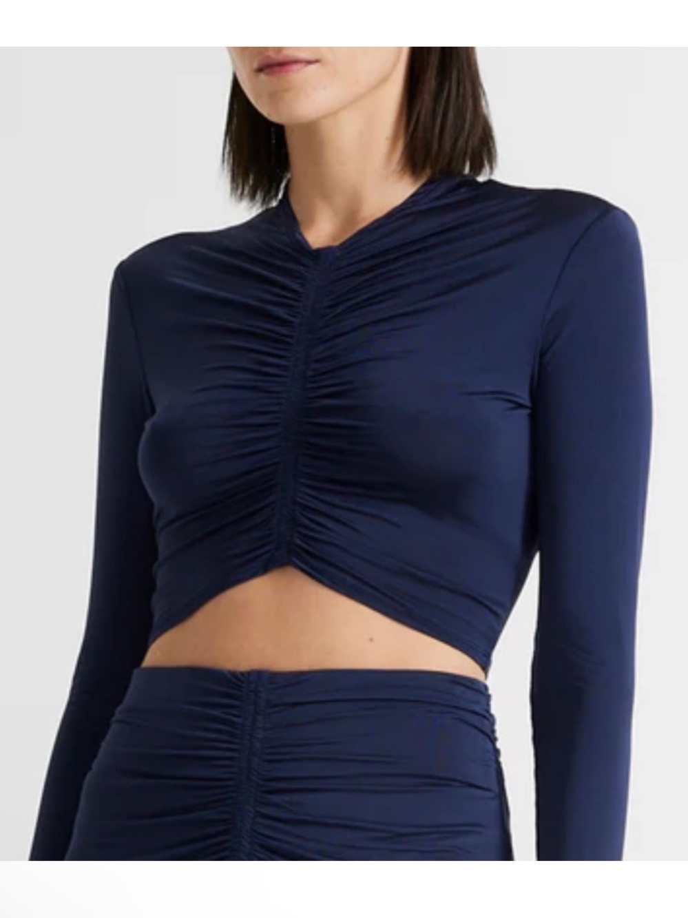 ALC Anne Ruched Slinky Jersey High V-Neck Long Sleeve Crop Top Navy Blue S